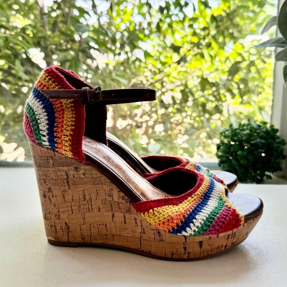 Mia Hannah Boho Rainbow Multi Color Crochet Ankle Strap Platform Cork Wedge - Picture 5 of 9
